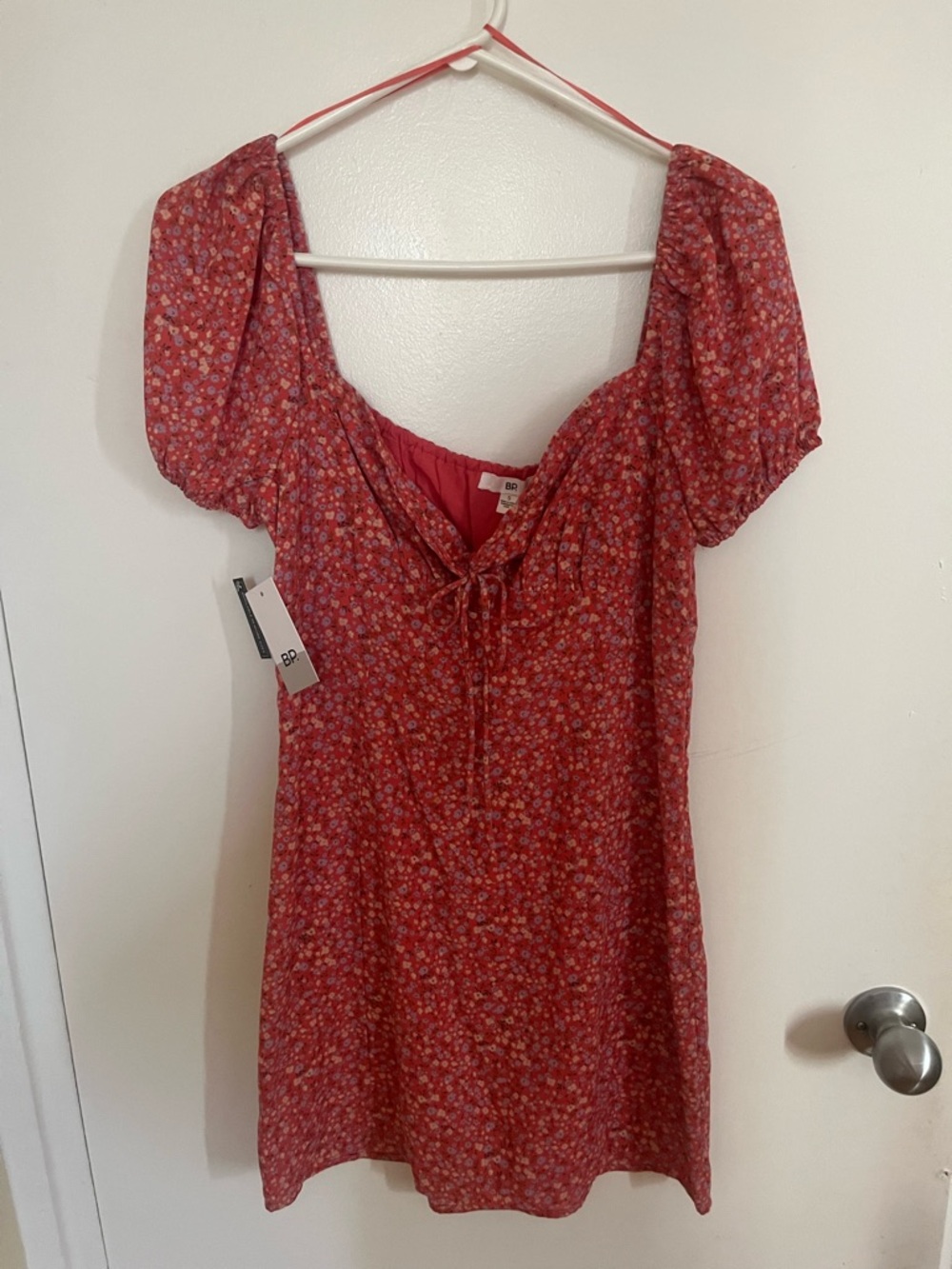 bp Red Floral Puff-Sleeve Tunic with Tie Front